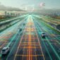 los coches se mueven lo largo de la autopista hacia la gran ciudad el concepto de comunicacion de transporte 85x85